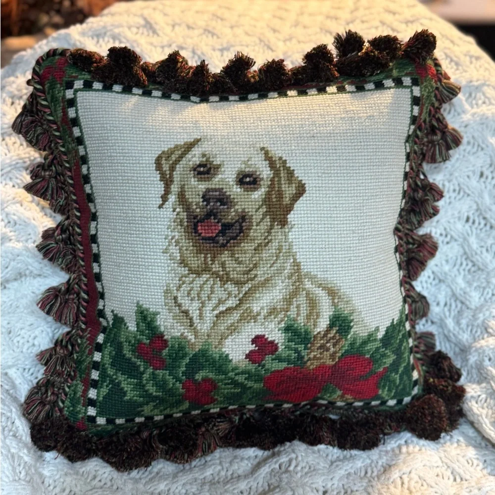 Holiday Dog Needlepoint Pillow